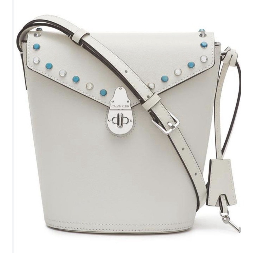 Calvin Klein Lock Leather White Studded Turquoise Bucket Crossbody Handbag 268$